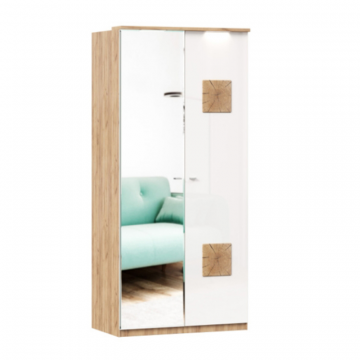 Фиджи Шкаф двухстворчатый с зеркалом с декоративными накладками (Дуб Золотой/Белый)