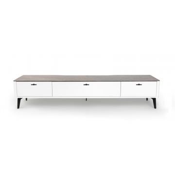 Тумба TV №2 цвет корпуса белоснежный soft touch, цвет топа коричневый песок, (Габариты: 1800 x 430 x 400 mm)