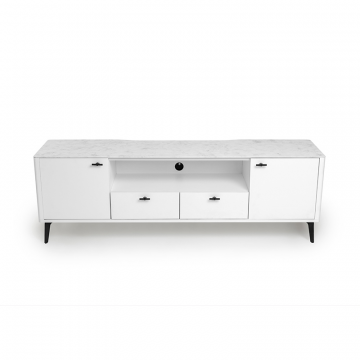 Тумба TV №1 цвет корпуса белоснежный soft touch, цвет топа белый мрамор, (Габариты: 1800 x 430 x 610 mm)