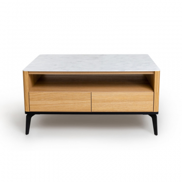 Журнальный стол цвет корпуса дуб натуральный, цвет топа белый мрамор, (Габариты: 950 x 700 x 490 mm)