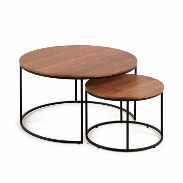 Yoana Комплект из 2 приставных столиков из шпона ореха и черным металлом Ø 80 см / Ø 50 см