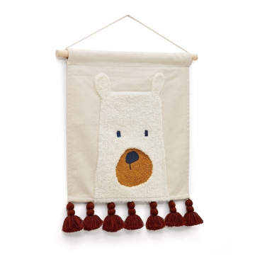 Zelda Гобелен белый хлопок с мишкой и терракотовыми кистями 40 х 40 см