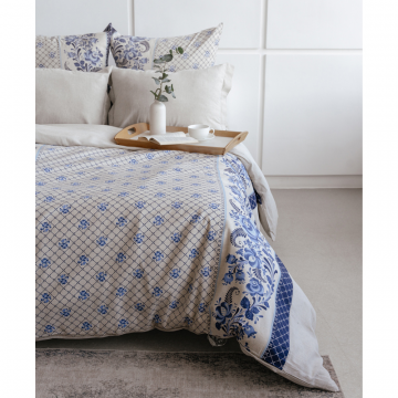 Комплект постельного белья Лен Евро Гжель с Простыней на резинке