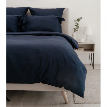 Комплект постельного белья Лен Семейный Синий с Простыней на резинке