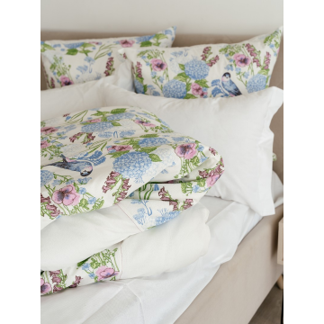 Комплект постельного белья Лен Семейный Цветы с Простыней на резинкеп