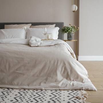 Комплект постельного белья Лен Семейный Бежево-белый с Простыней на резинке