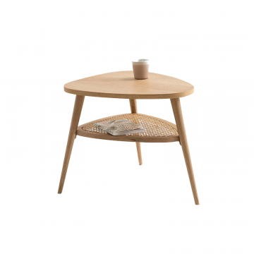 Столик прикроватный из дуба и плетеного ротанга с двойной столешницей Buisseau бежевый