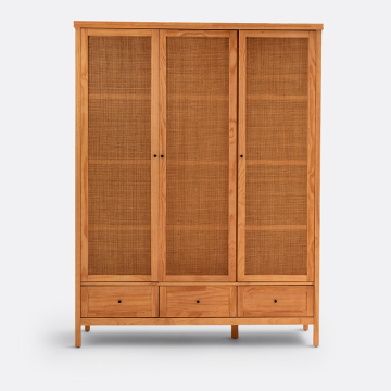 Шкаф с 3 дверками из массива сосны и плетеного материала, Gabin