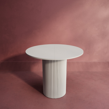 Стол обеденный круглый с белым подстольем из труб TRUBIS Wood L белая столешница, 90/120*90 см