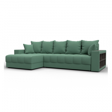 Диван угловой с декором и полкой Лига-050 НПБ, Амур 11 зеленый, Рогожка