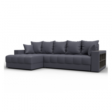 Диван угловой с декором и полкой Лига-050 НПБ, GRIFON 15 серый, Экокожа