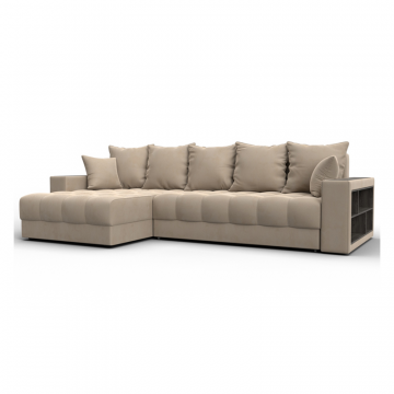 Диван угловой с декором и полкой Лига-050 НПБ, SEVEN 729 бежевый, Велюр
