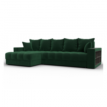Диван угловой с декором и полкой Лига-050 НПБ, SEVEN 626 зеленый, Велюр