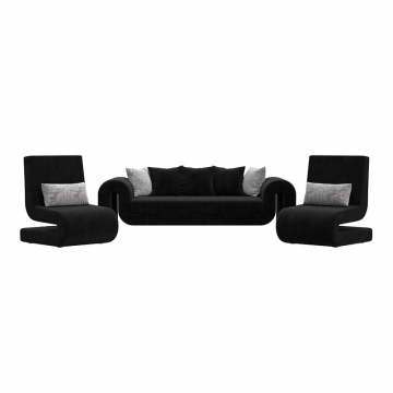 Комплект Волна-1 (диван, 2 кресла), Seven 35 черный;Seven 17 серый, Велюр