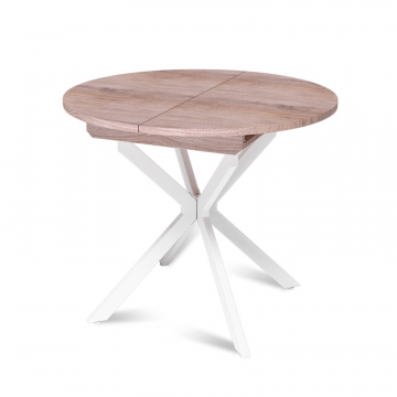 Стол круглый раздвижной Твист (90+30) дуб эндгрейн / опоры белые