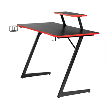 Компьютерный геймерский стол Basic 110х59х75см c полкой для монитора 40х20см, подстаканником, крючком для наушников, карбон чёрный красный