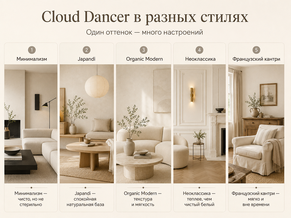 В каких стилях хорошо смотрится Cloud Dancer