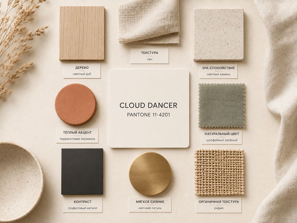 С натуральным деревом, льном, рафией, керамикой и камнем Cloud Dancer раскрывается особенно хорошо