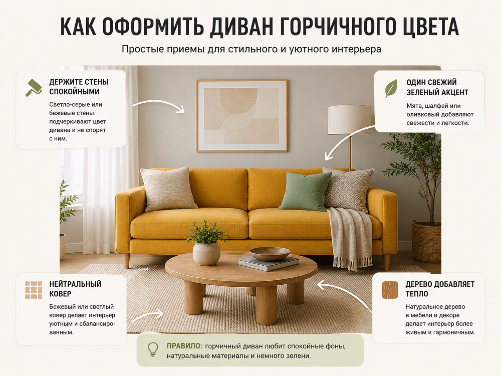 Как оформить горчичный диван в гостиной