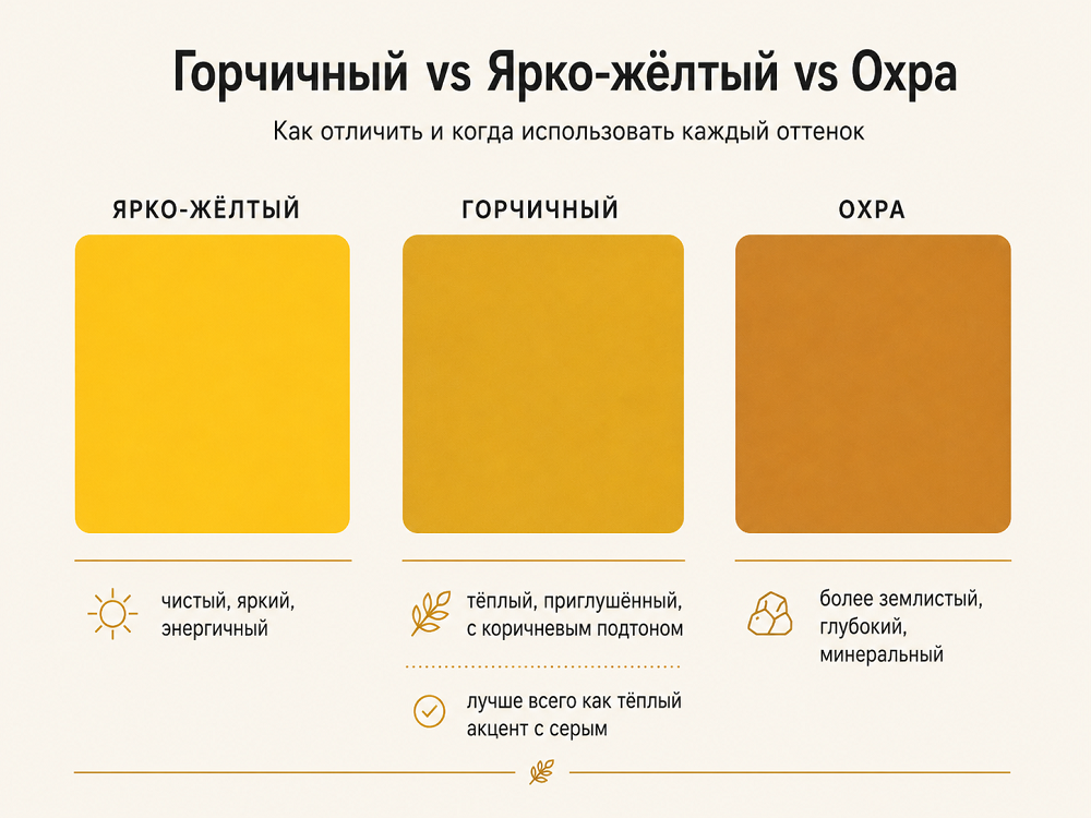 Отличия горчичного от ярко-желтого и охры