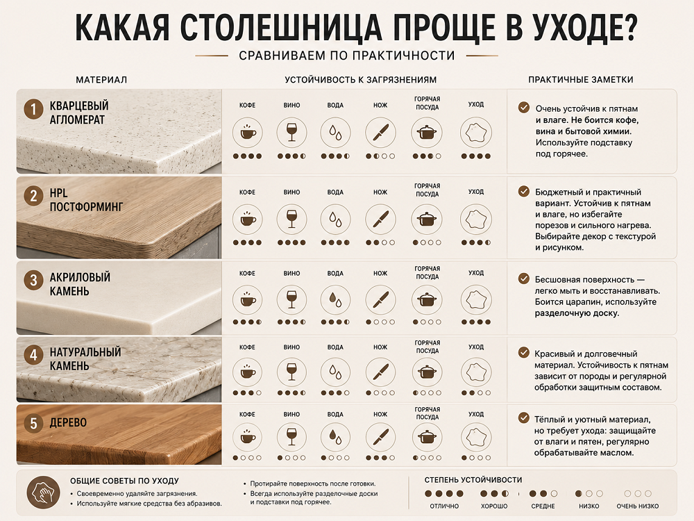 Какая столешница проще в уходе