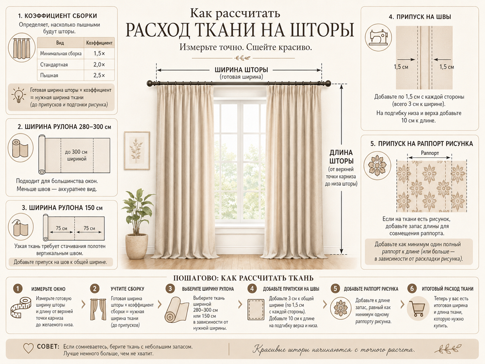 Как рассчитать расход ткани на шторы