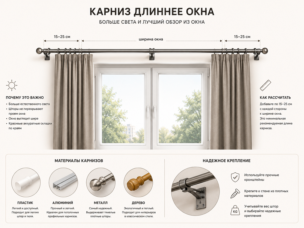Материал карниза должен соответствовать весу ткани, а не только вписываться в интерьер визуально