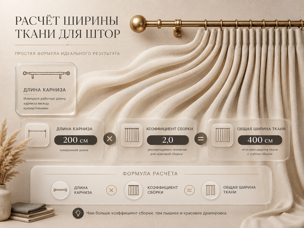 Ширина полотна всегда больше длины карниза, иначе шторы будут висеть плоско, без складок