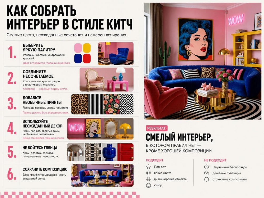 Китч – это стиль интерьера, построенный на сознательном сочетании несочетаемого: ярких, несочетающихся друг с другом цветов, мебели разных эпох, дорогих и откровенно дешёвых материалов