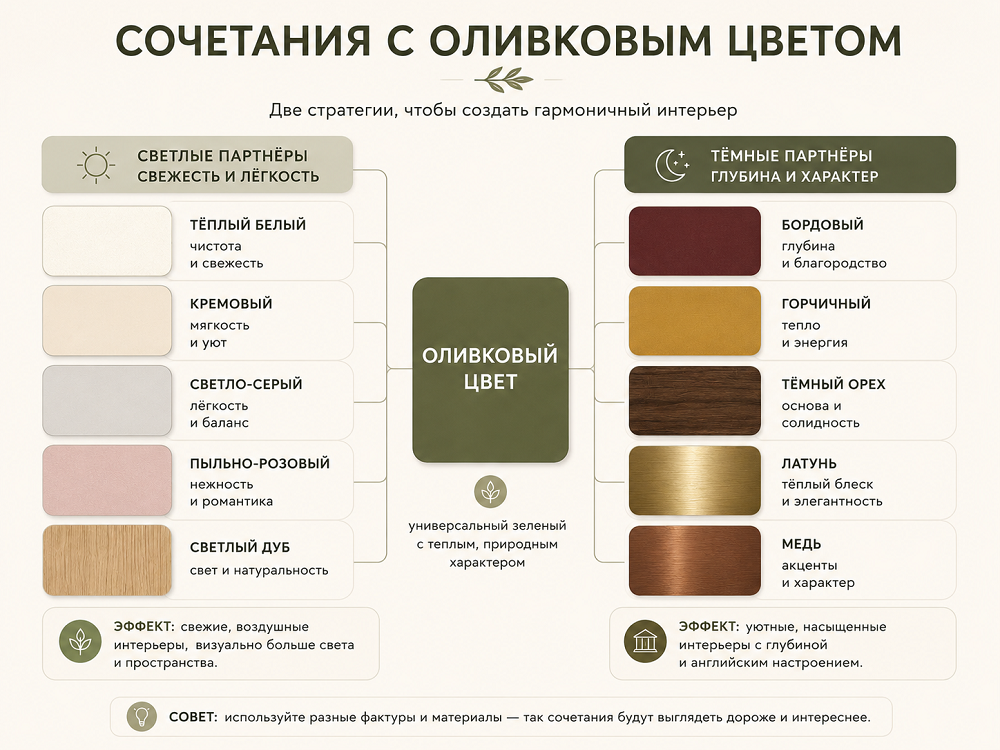 С какими цветами сочетается оливковый