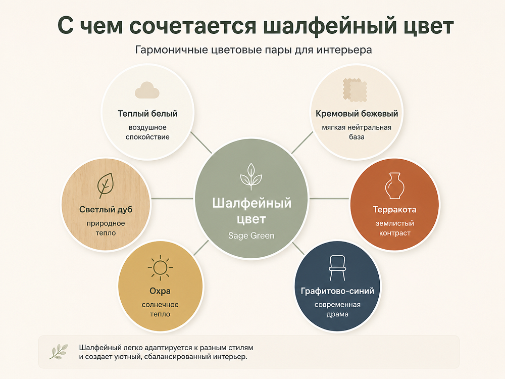 Гармоничные цветовые пары для шалфейного цвета в интерьере