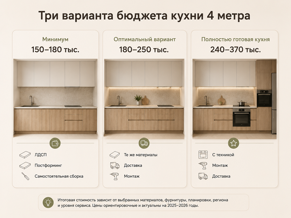 Три вариант бюджета на кухню 4 метра