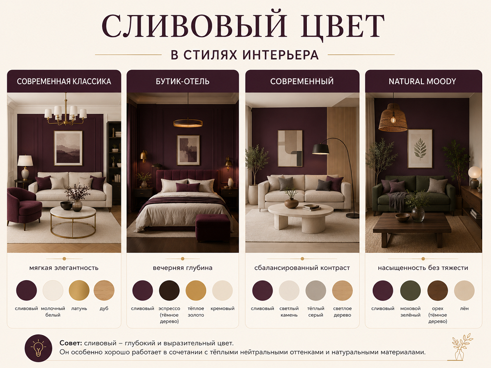 Сливовый цвет в разных стилях интерьера