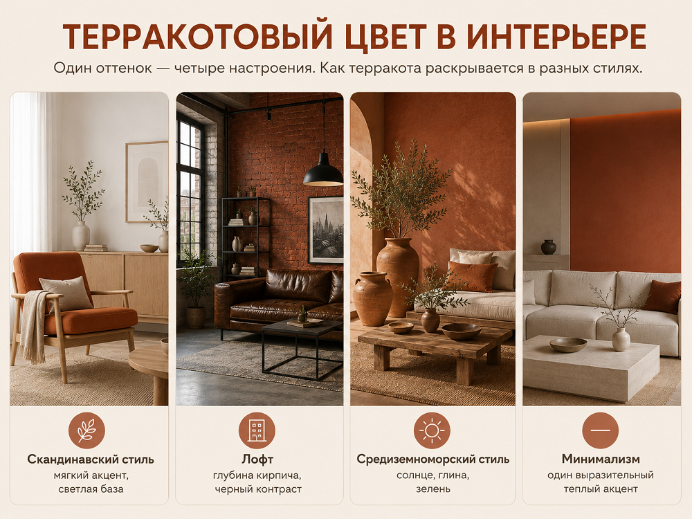 Терракотовый цвет находится на стыке красного, коричневого и оранжевого, и напоминает обожженную глину, из которой он получил свое название.