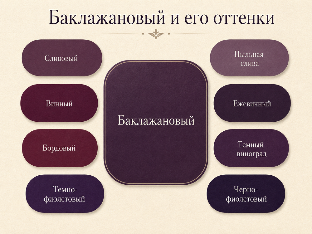 Баклажановый относится к глубоким фиолетово-красным оттенкам. В зависимости от освещения и материала он может выглядеть сливовым, винным, бордовым или почти черно-фиолетовым