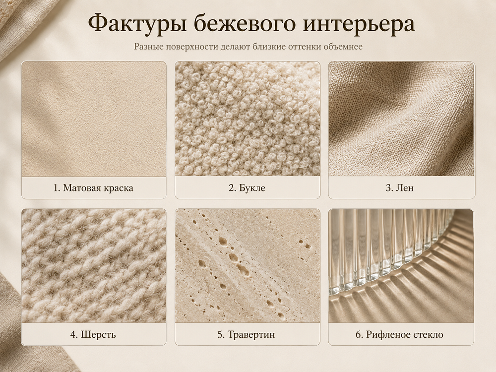 В бежевом интерьере фактура часто оказывается важнее дополнительного цвета.