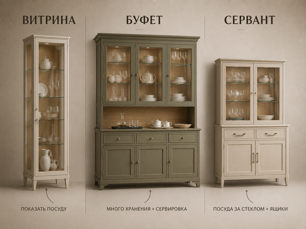Что отличает буфет от серванта и витрины