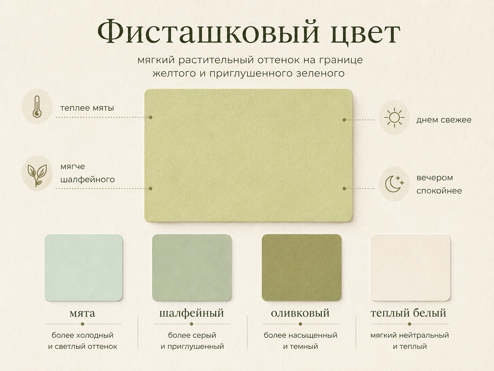 Фисташковый - мягкий растительный оттенок на границе желтого и приглушенного зеленого