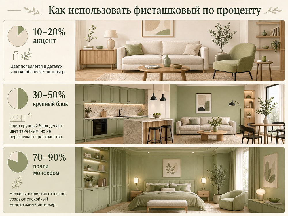 Впечатление от цвета сильно зависит от площади, которую он занимает. Универсальной пропорции нет, но можно выделить три сценария.