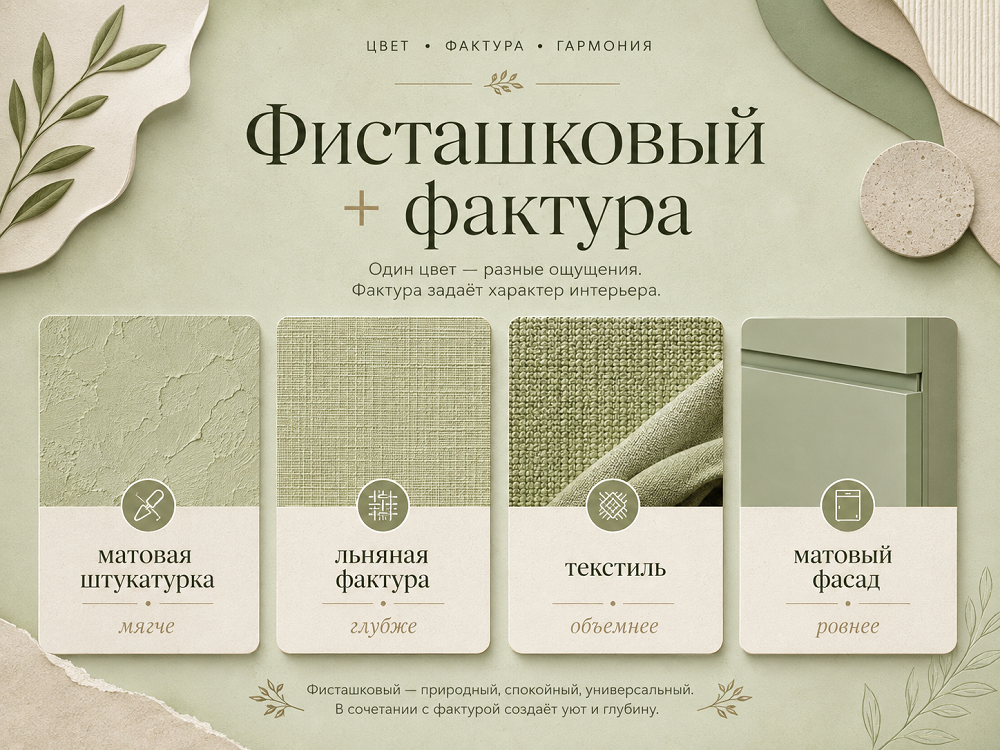 Фактура сильно влияет на восприятие фисташкового. На идеально гладкой поверхности цвет выглядит ровнее