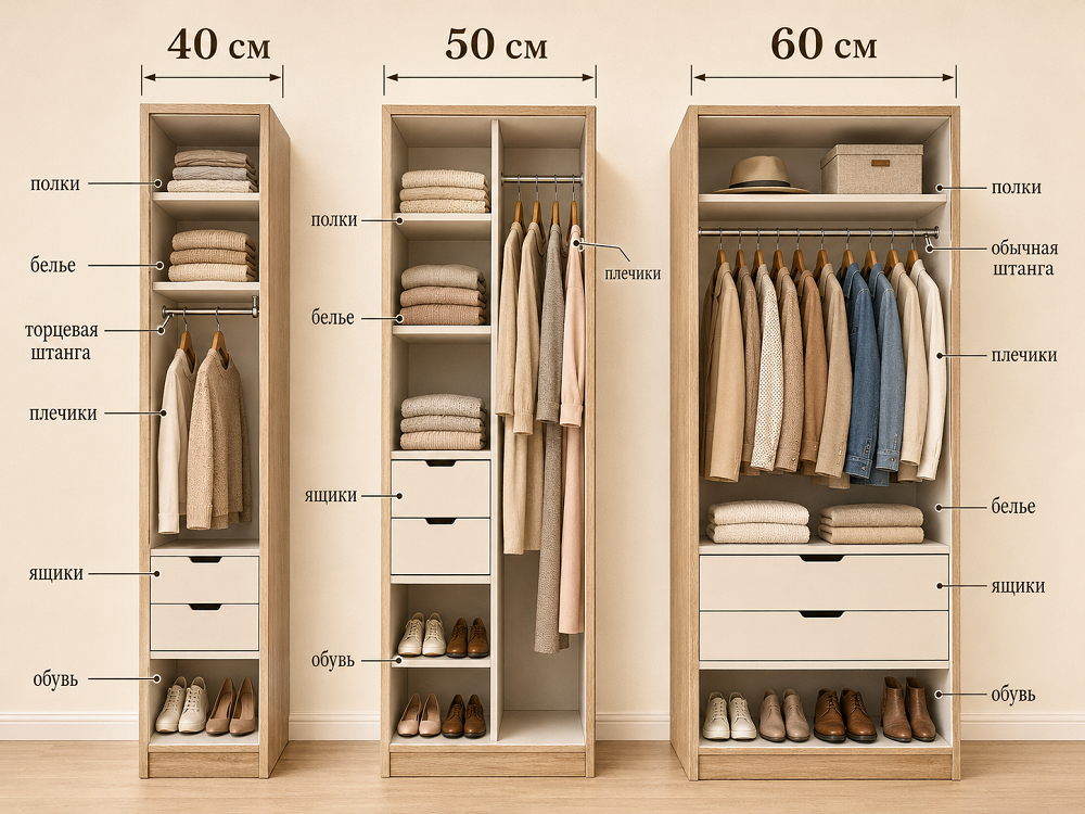 Что помещается в шкаф глубиной 40, 50 и 60 см