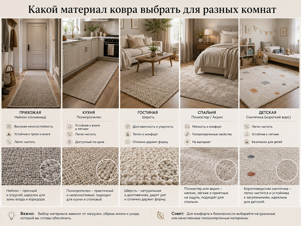 Как выбрать материал ковра для конкретной комнаты