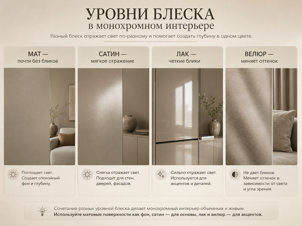 Как использовать разную степень блеска в монохромном интерьере