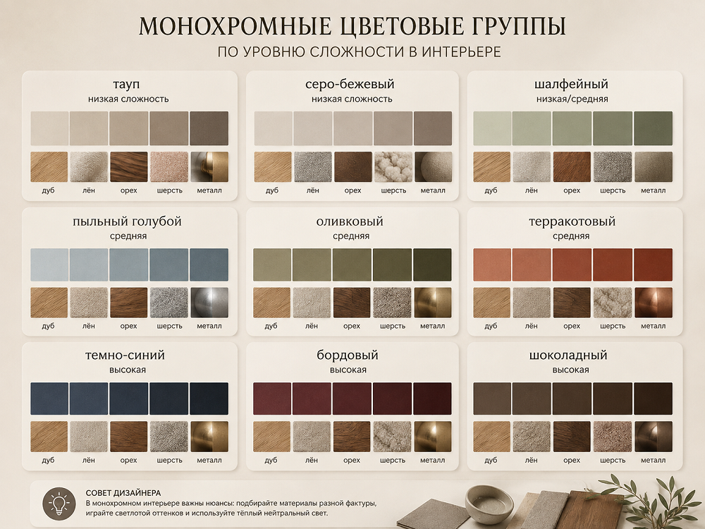 Для первого монохромного интерьера проще работать со сложными приглушенными оттенками