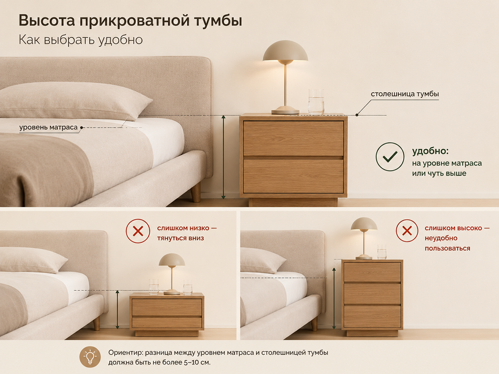 Высоту прикроватной тумбы нужно соотносить с высотой кровати вместе с матрасом