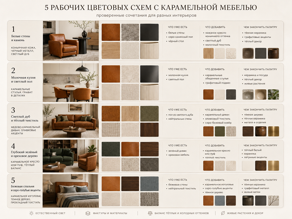 Пять рабочих схем с карамельной мебелью