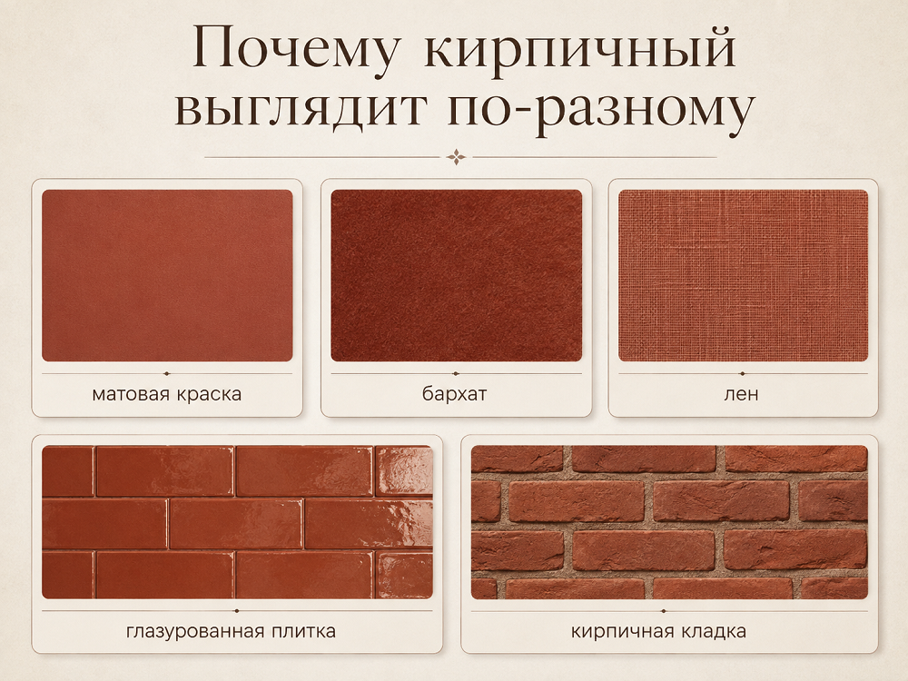 Почему кирпичный выглядит по-разному на стене, диване и плитке