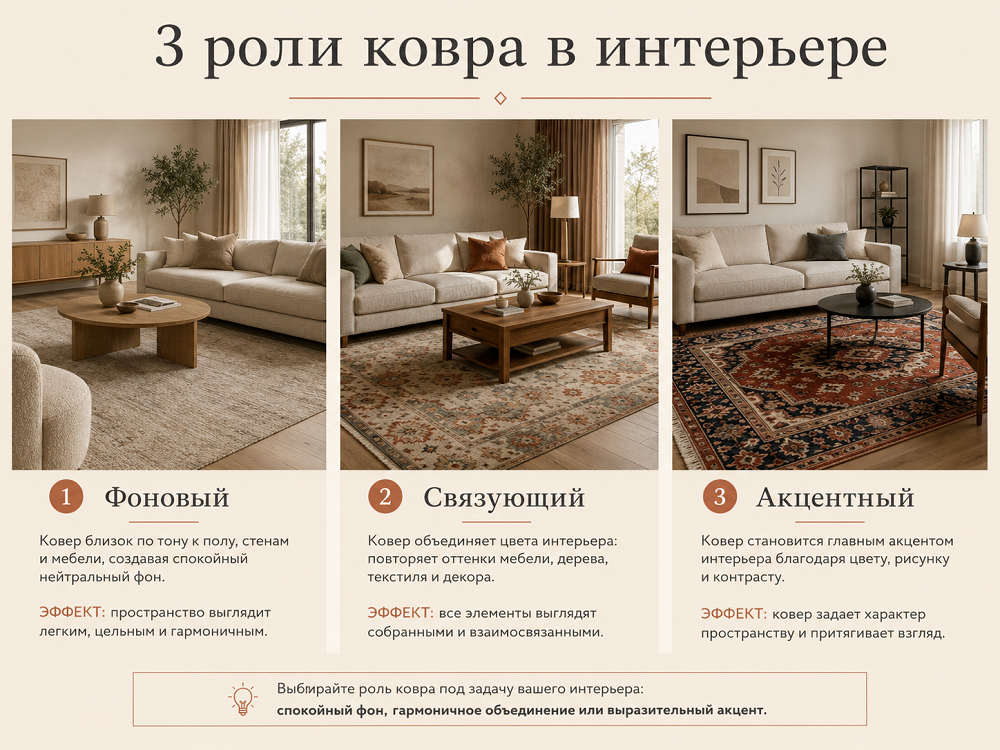 Перед выбором оттенка и рисунка нужно понять, какую задачу ковер выполняет в комнате