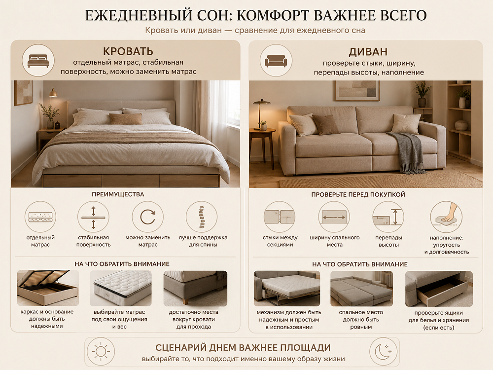 На чем удобнее спать каждый день: на кровати или диване