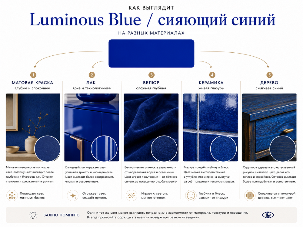 На каких материалах Luminous Blue выглядит интереснее
